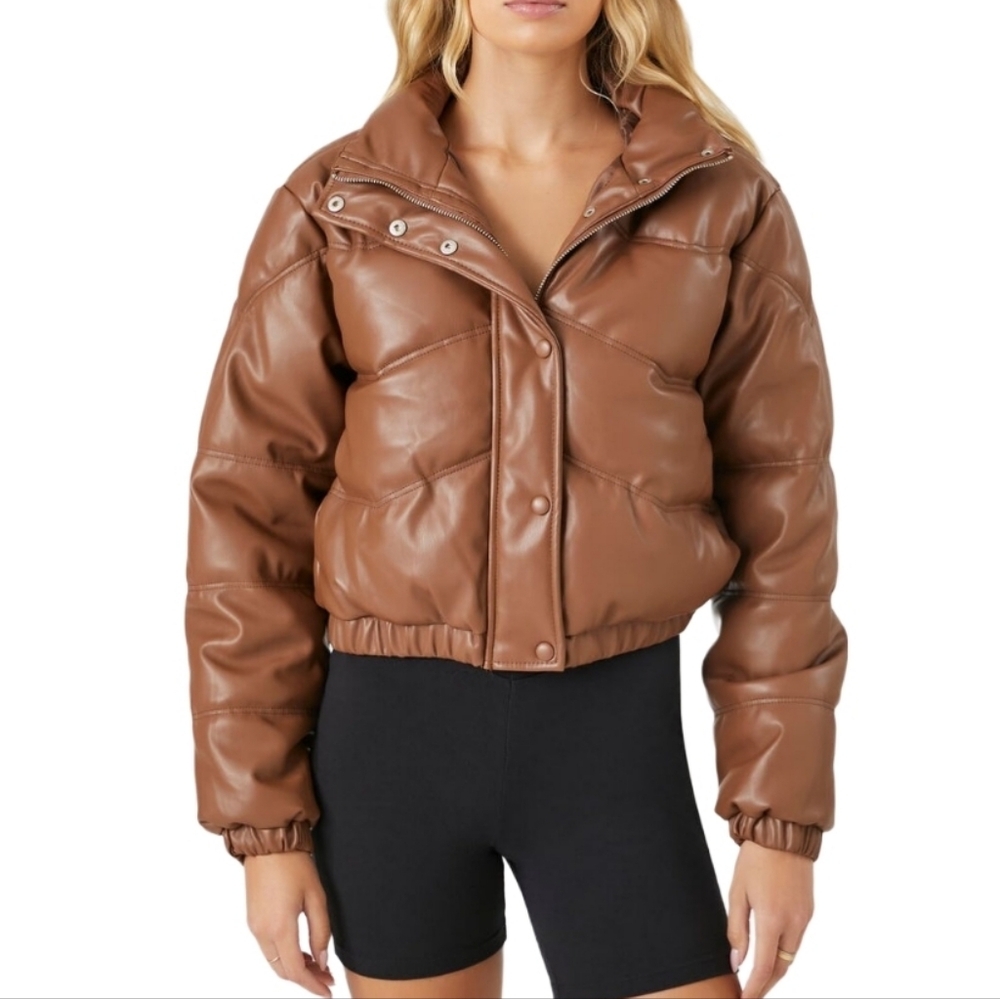 Forever 21 Brown Cropped Faux Leather Puffer Jacket Size Small